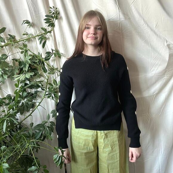 Helmut Lang Cashmere Blend Black Ribbed Sweater w/ Buttoned Peekaboo Sleeves - Picture 2 of 4